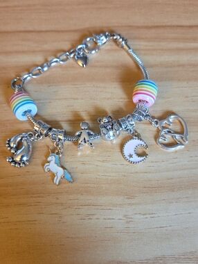 Silver Charm Bracelet with Rainbow Beads & Unicorn Charm - Women's Bracelet